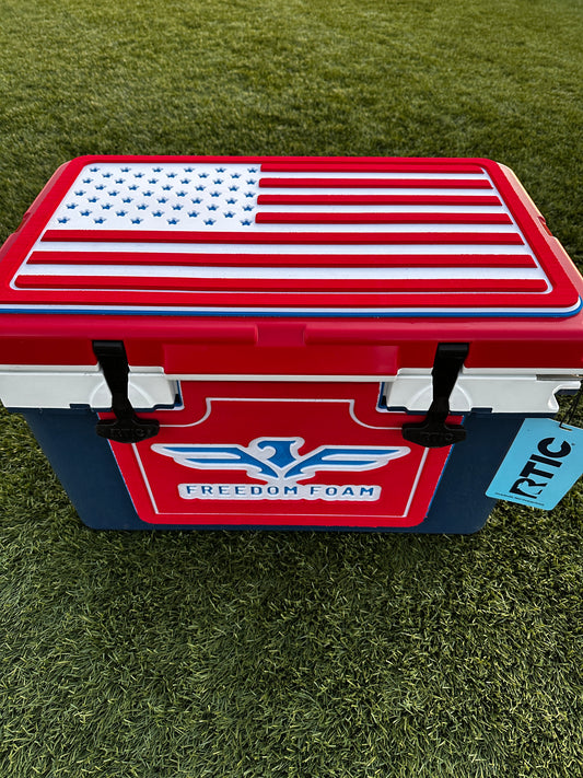 red white and blue flag, yeti cooler, foam pad, cooler top